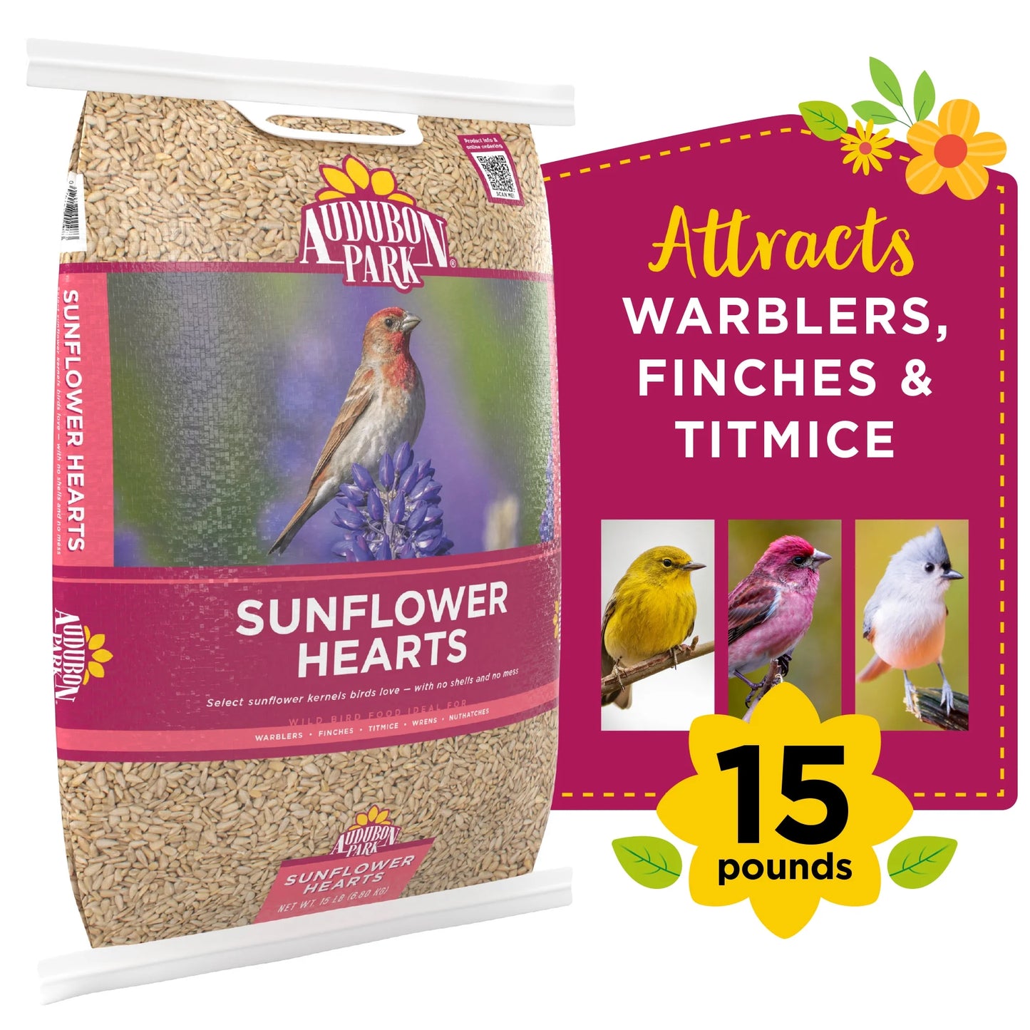 (2 Pack) Sunflower Hearts Dry Wild Bird Food, 15 Lb Bag