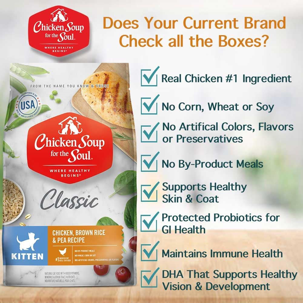 Classic Dry Kitten Food, Chicken, Brown Rice & Pea Recipe, 12 Pound Bag | Soy, Corn & Wheat Free, No Artificial Flavors or Preservatives